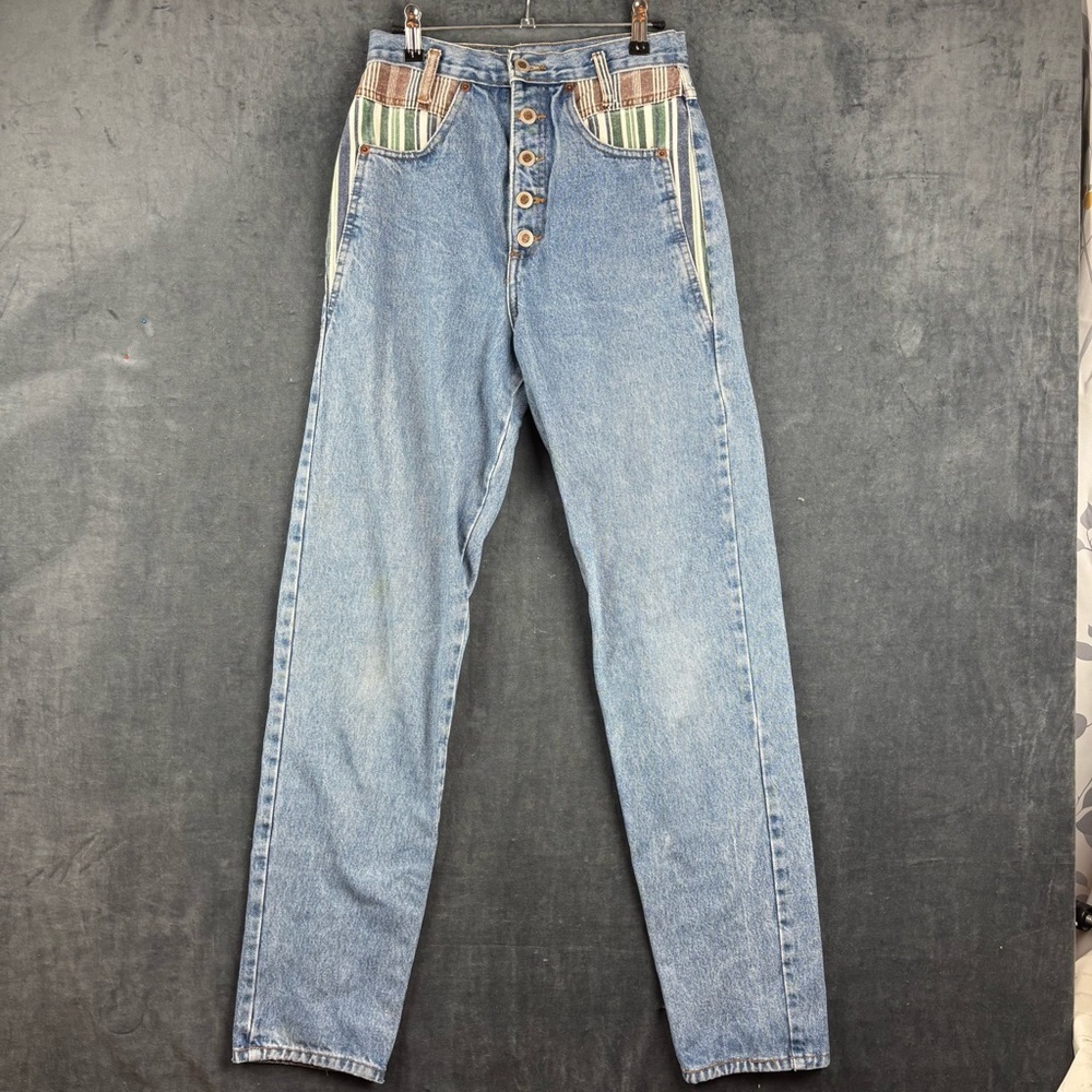 LEI Women's VERY 80s/90s High Rise Blue Jeans with Multicolor Stripes